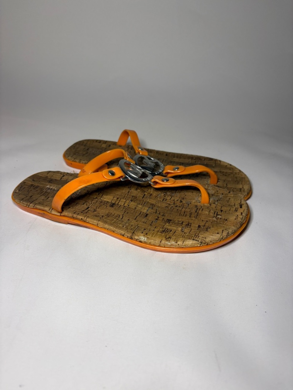 Michael Kors MK Logo Charm Jelly Cork Flip Flops Sandals Orange Size 6